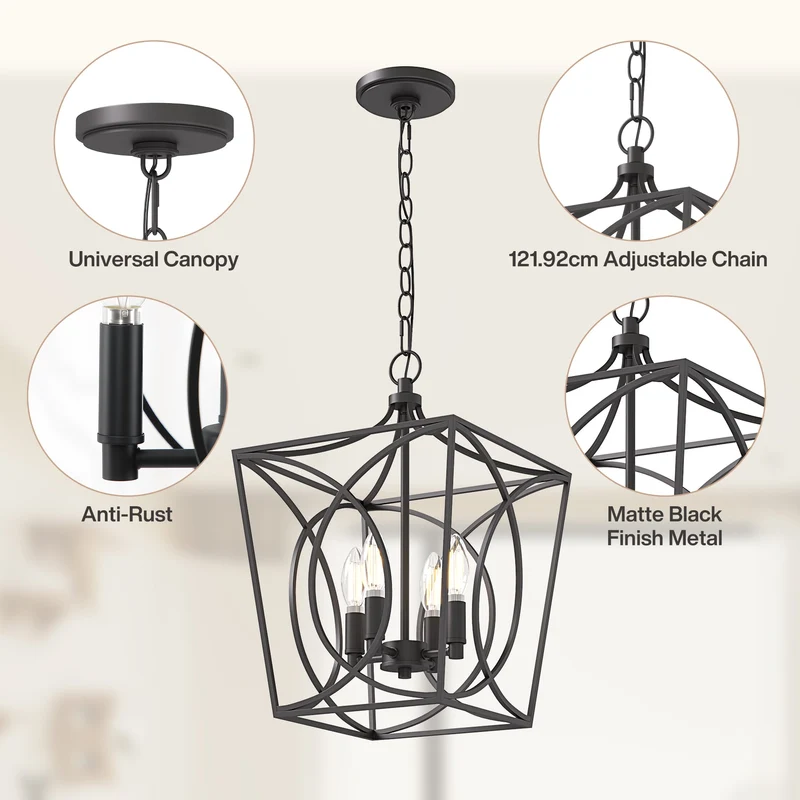 Tribesigns Lustre industriel noir, Suspension géométrique avec 4 douilles E14 hauteur réglable