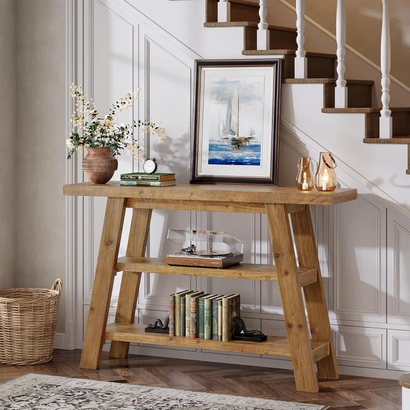 Tribesigns Table console en bois massif de 120 cm de long avec étagères à 3 niveaux
