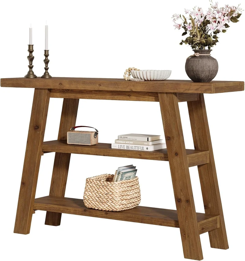 Tribesigns Table console en bois massif de 120 cm de long avec étagères à 3 niveaux