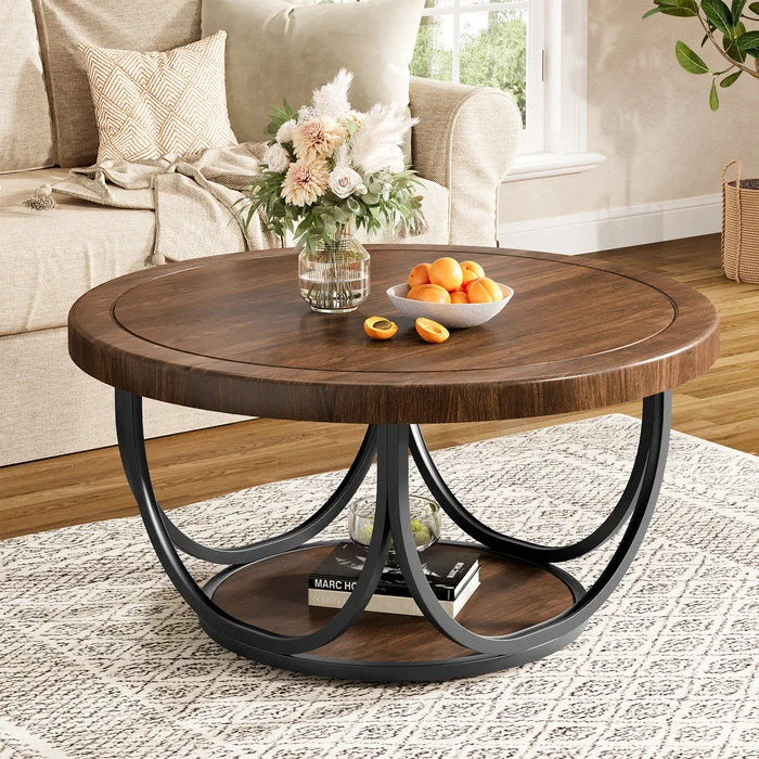 Tribesigns Table basse ronde de 80 cm avec étagère, Table de salon à deux niveaux de style industriel avec structure en métal