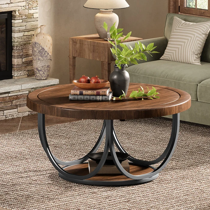 Tribesigns Table basse ronde de 80 cm avec étagère, Table de salon à deux niveaux de style industriel avec structure en métal