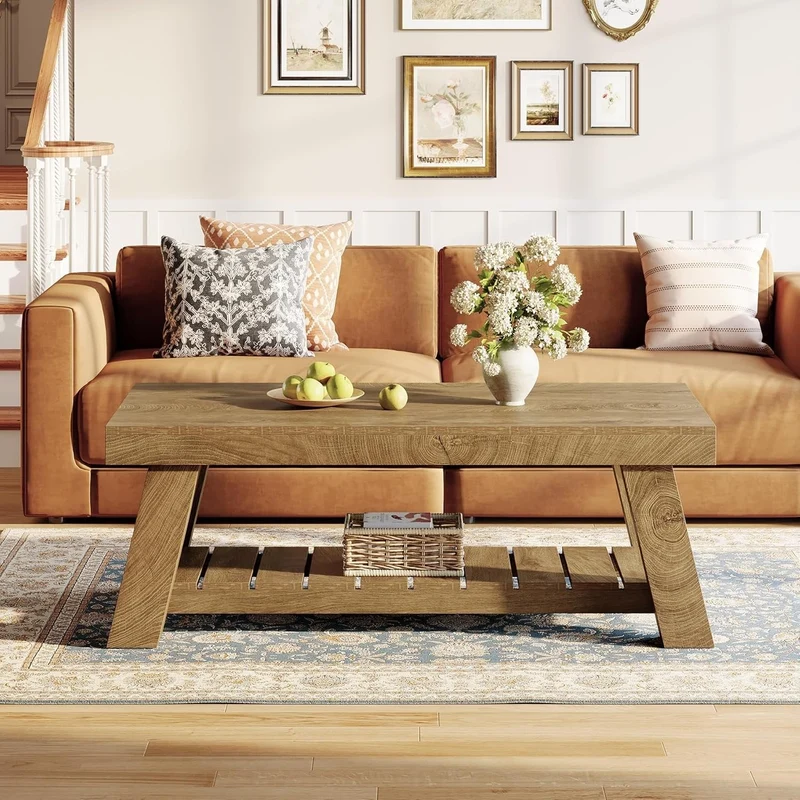 Tribesigns Table basse de style campagnard de 120 cm, Table rectangulaire rustique avec pieds en V pour salon