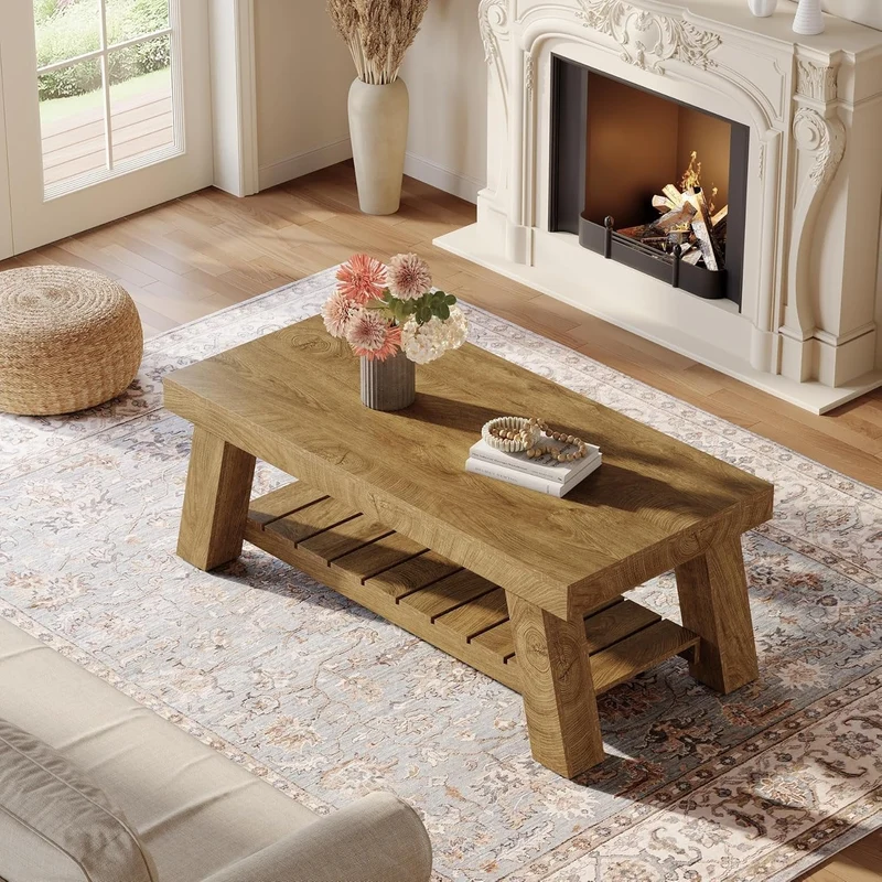 Tribesigns Table basse de style campagnard de 120 cm, Table rectangulaire rustique avec pieds en V pour salon