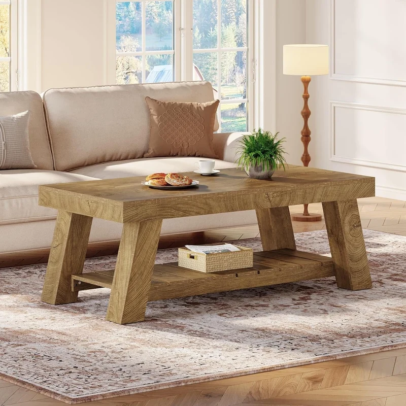 Tribesigns Table basse de style campagnard de 120 cm, Table rectangulaire rustique avec pieds en V pour salon