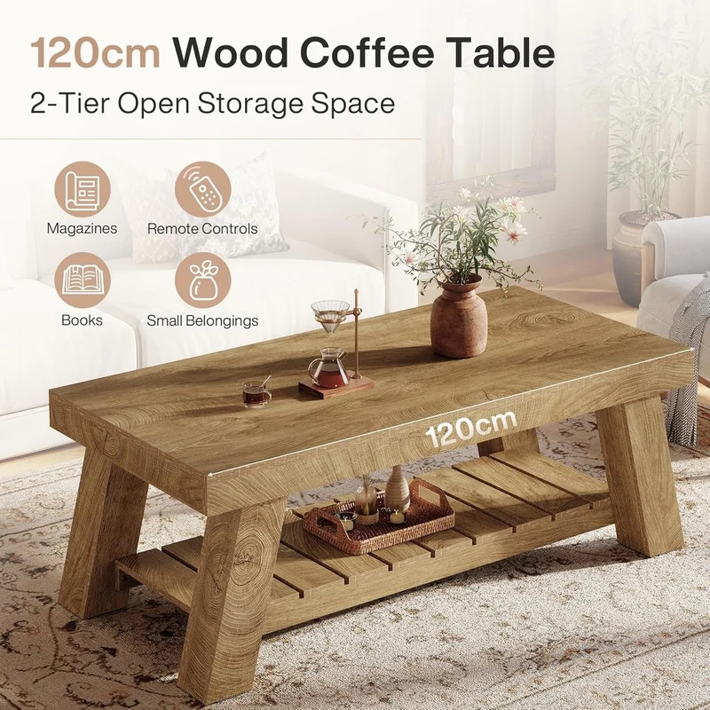 Tribesigns Table basse de style campagnard de 120 cm, Table rectangulaire rustique avec pieds en V pour salon