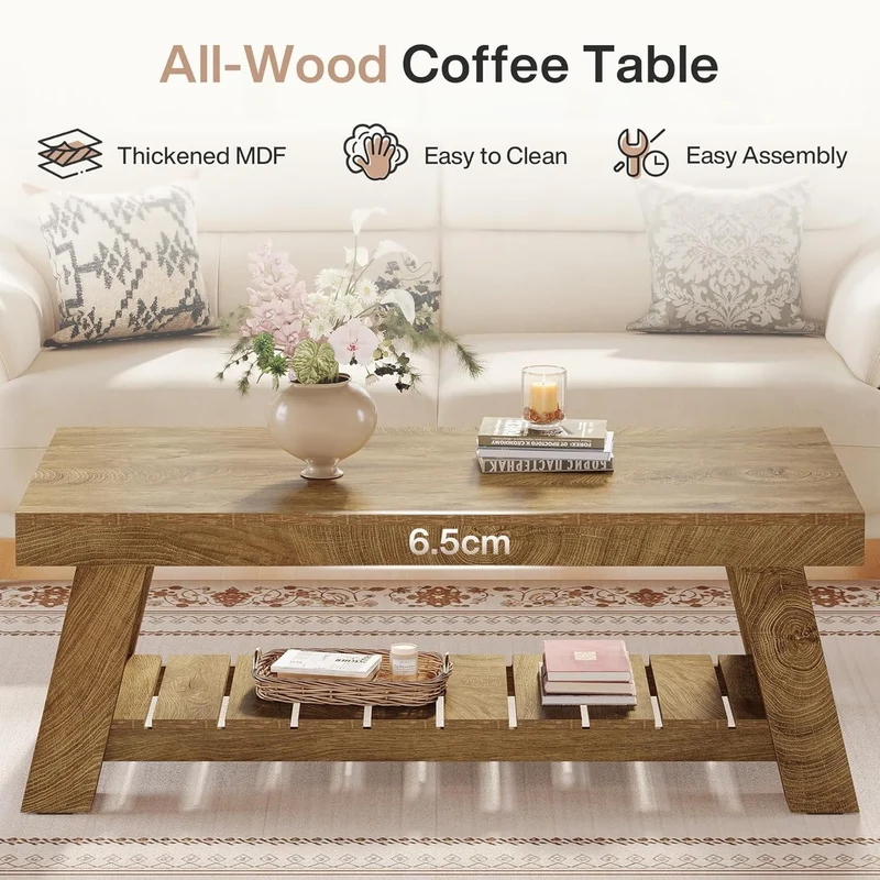 Tribesigns Table basse de style campagnard de 120 cm, Table rectangulaire rustique avec pieds en V pour salon