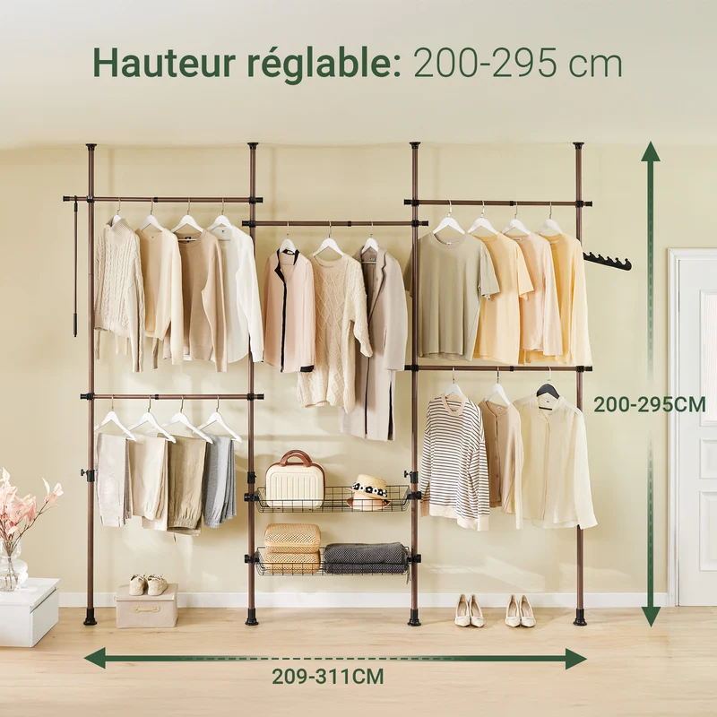 SoBuy KLS04-II-BR Portant à vêtements télescopique solide - Penderie ouverte réglable avec tringles et étagères, Porte manteau pour chambre/dressing, Marron