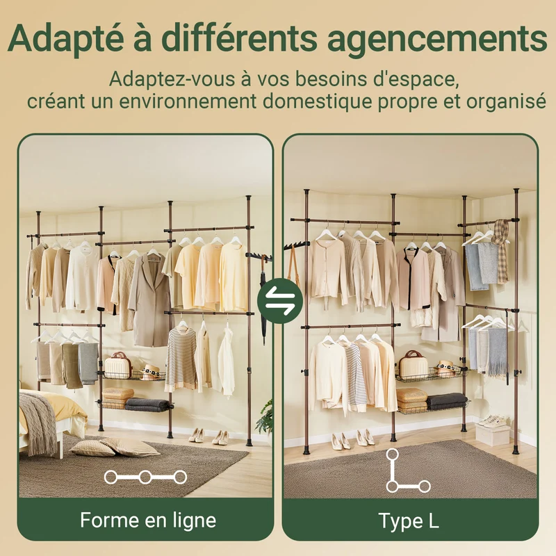 SoBuy KLS04-II-BR Portant à vêtements télescopique solide - Penderie ouverte réglable avec tringles et étagères, Porte manteau pour chambre/dressing, Marron