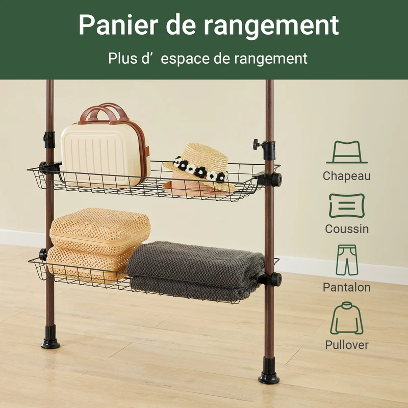 SoBuy KLS04-II-BR Portant à vêtements télescopique solide - Penderie ouverte réglable avec tringles et étagères, Porte manteau pour chambre/dressing, Marron