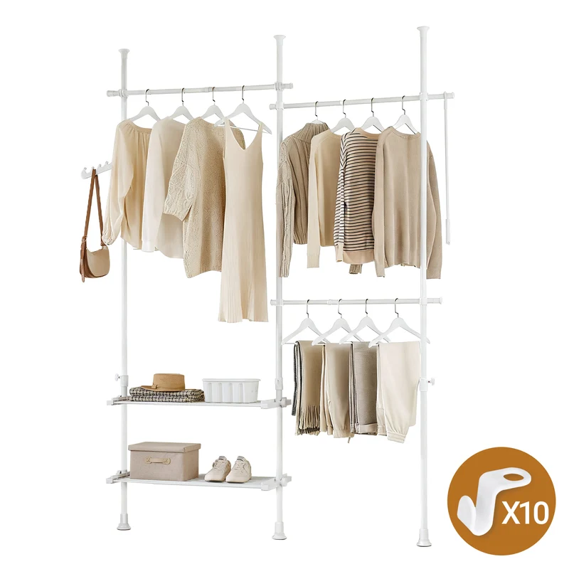sebuyfr.comG34-II-W Portant à vêtements télescopique robuste – Penderie ouverte réglable avec tringles et étagères, Porte-manteau pour chambre ou dressing, Blanc