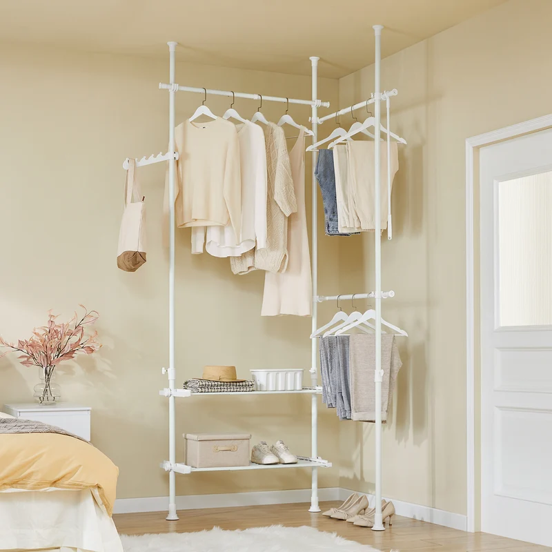 sebuyfr.comG34-II-W Portant à vêtements télescopique robuste – Penderie ouverte réglable avec tringles et étagères, Porte-manteau pour chambre ou dressing, Blanc