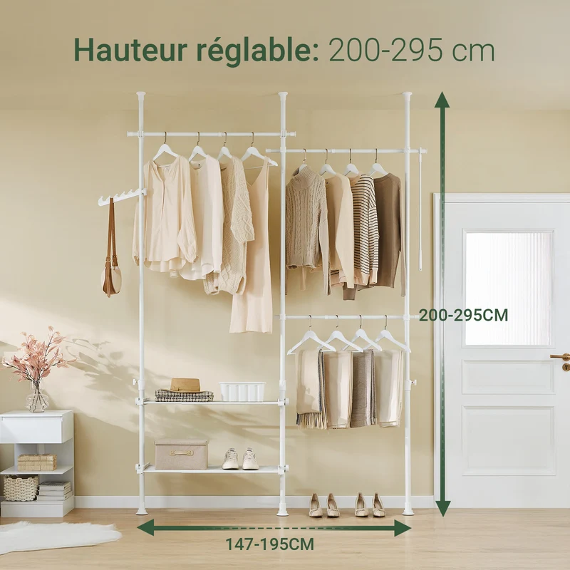 sebuyfr.comG34-II-W Portant à vêtements télescopique robuste – Penderie ouverte réglable avec tringles et étagères, Porte-manteau pour chambre ou dressing, Blanc