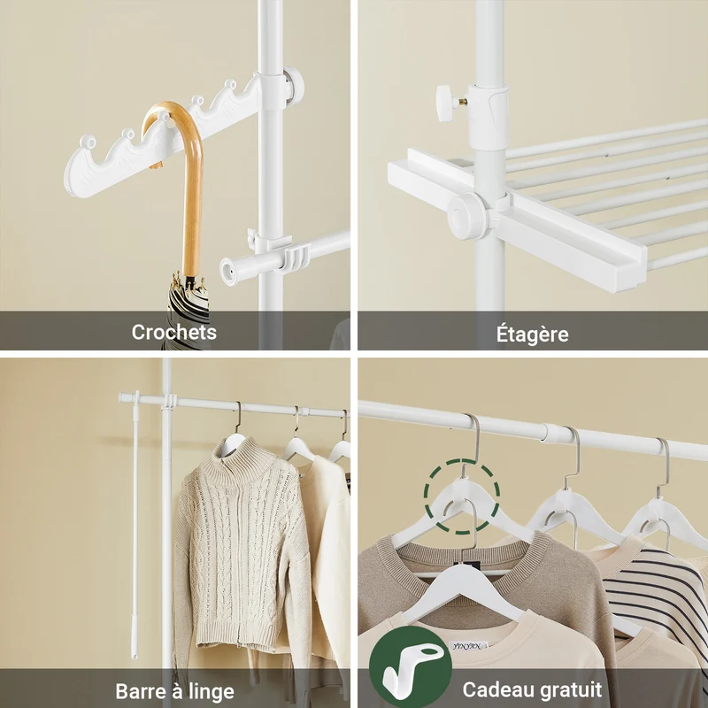 sebuyfr.comG34-II-W Portant à vêtements télescopique robuste – Penderie ouverte réglable avec tringles et étagères, Porte-manteau pour chambre ou dressing, Blanc