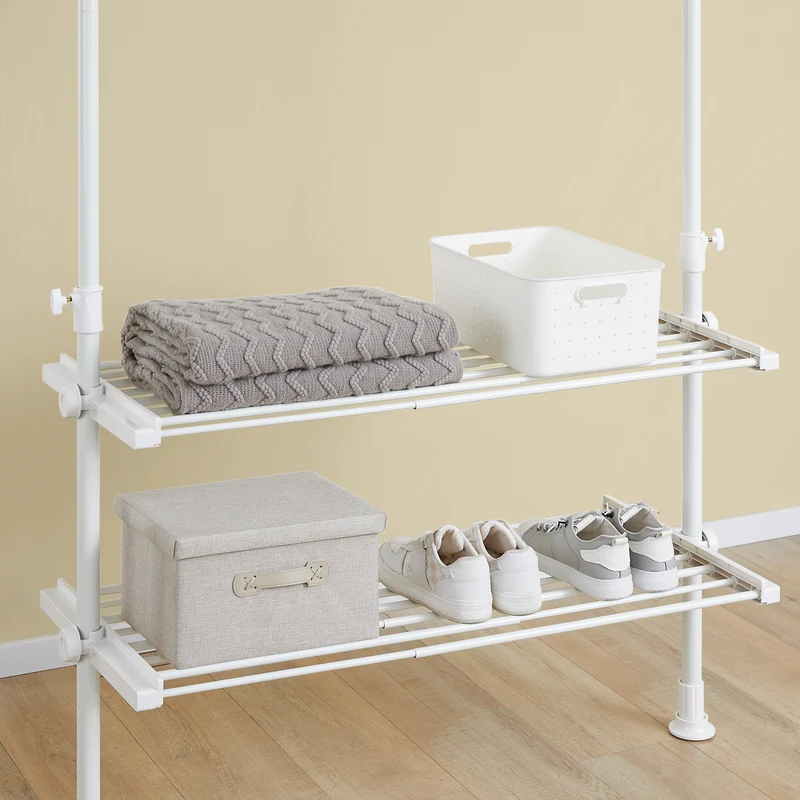 sebuyfr.comG34-II-W Portant à vêtements télescopique robuste – Penderie ouverte réglable avec tringles et étagères, Porte-manteau pour chambre ou dressing, Blanc