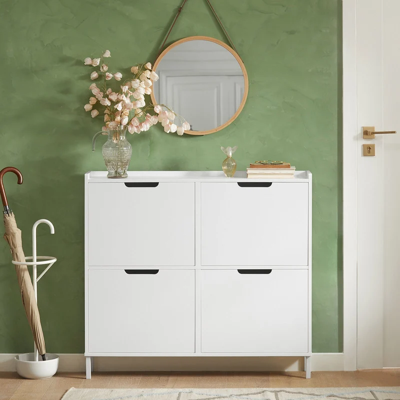 SoBuy FSR100-W Armoire à Chaussures Slim 19 cm – 4 Abattants, 8 à 12 Paires, Anti-Basculement, Blanc