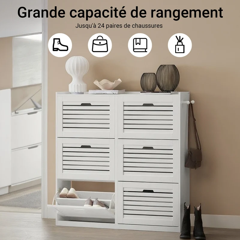 SoBuy FSR145-W Armoire à Chaussures 6 Abattants avec 2 Crochets – 115 × 30 × 112 cm, Blanc