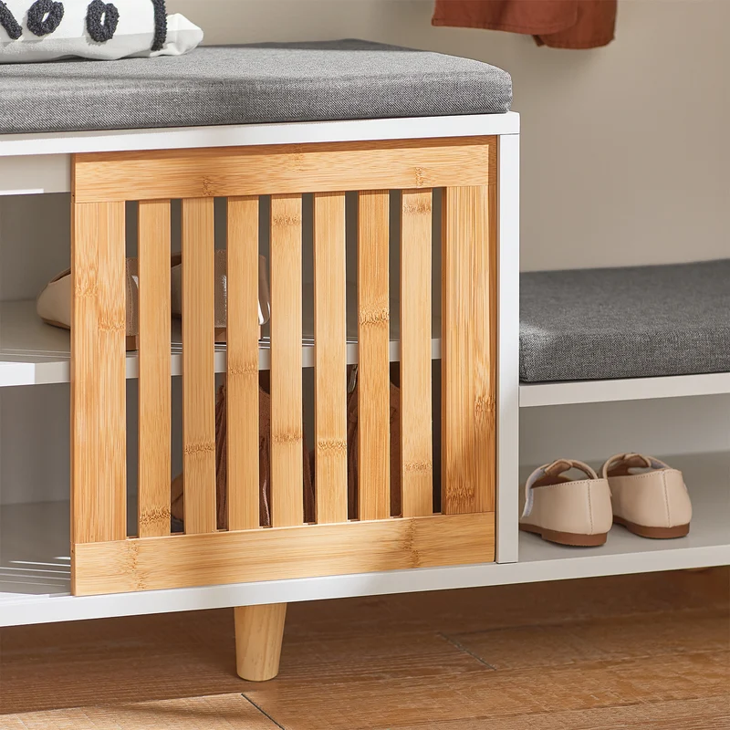 SoBuy FSR125-WN Banc à Chaussures avec Coussins Rembourrés sur Pieds pour Entrée Couloir – 101x35x46 cm, Blanc et Naturel