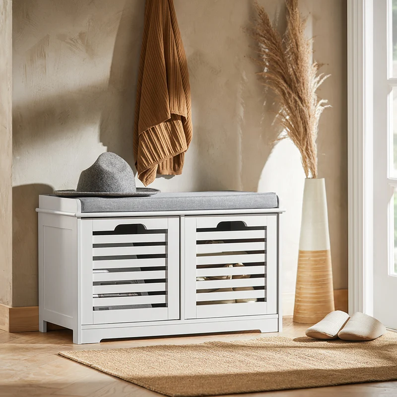 SoBuy FSR23-K-W Banc à Chaussures avec Coussin Rembourré et 2 Cubes de Rangement pour Entrée – 71x34x43 cm, Blanc