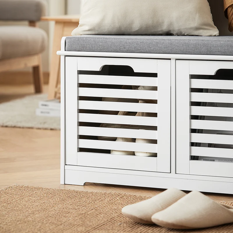 SoBuy FSR23-K-W Banc à Chaussures avec Coussin Rembourré et 2 Cubes de Rangement pour Entrée – 71x34x43 cm, Blanc