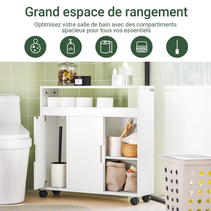 SoBuy BZR02-W Meuble Salle de Bain à Roulettes avec 2 Portes Coulissantes – L70×P20×H71 cm, Charge 30 kg, MDF E1, Blanc