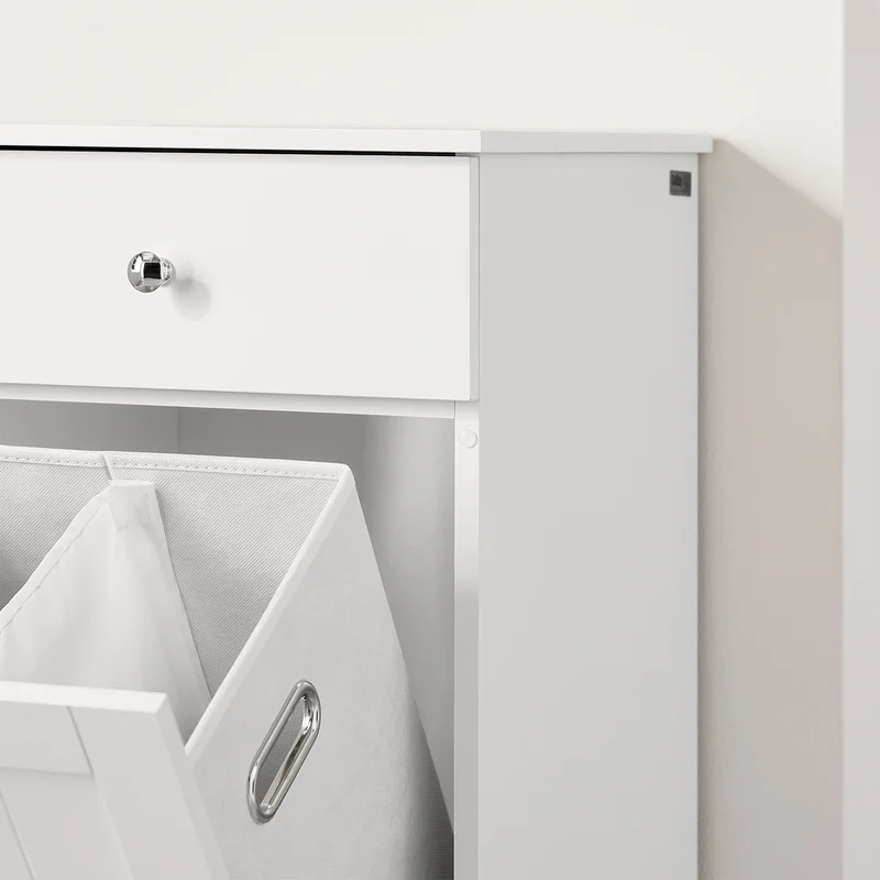 SoBuy BZR21-II-W Meuble Bas Salle de Bain Blanc 90 cm avec Panier à Linge Basculant 2 Compartiments, Tiroir et Étagère – Fermeture Silencieuse, MDF E1