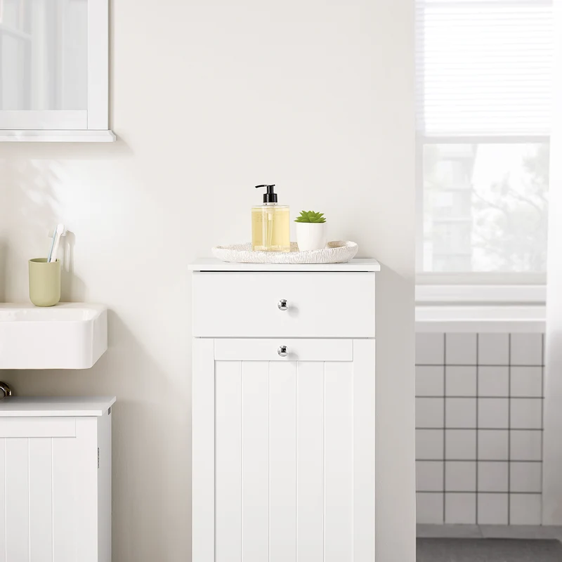 SoBuy BZR21-II-W Meuble Bas Salle de Bain Blanc 90 cm avec Panier à Linge Basculant 2 Compartiments, Tiroir et Étagère – Fermeture Silencieuse, MDF E1