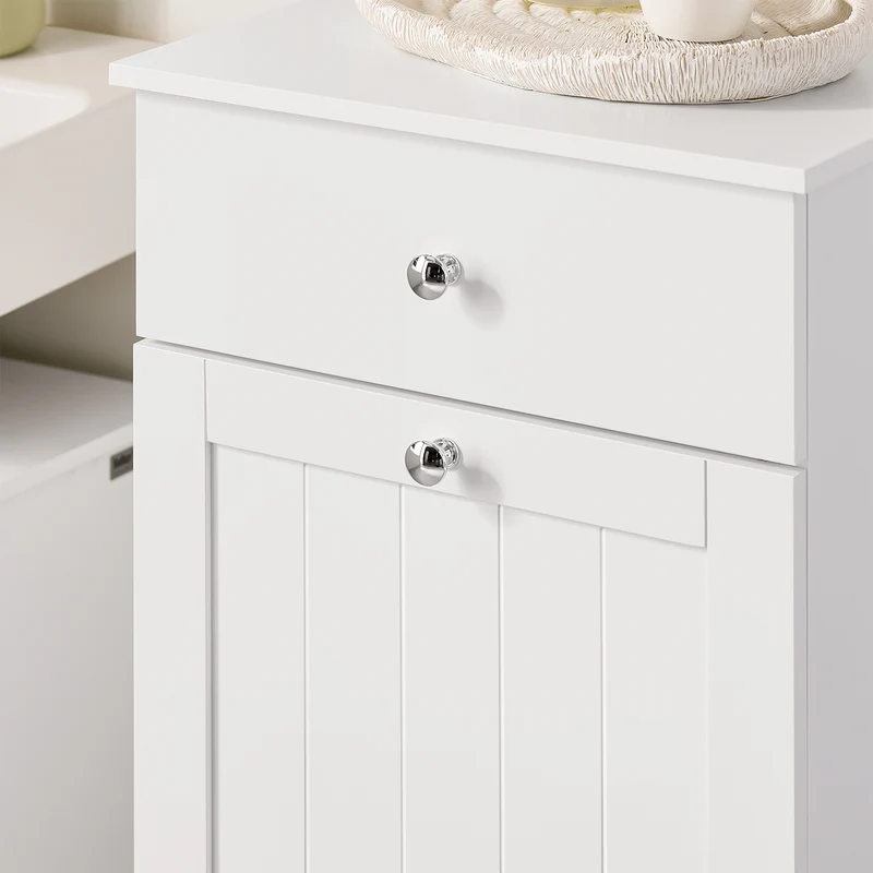 SoBuy BZR21-II-W Meuble Bas Salle de Bain Blanc 90 cm avec Panier à Linge Basculant 2 Compartiments, Tiroir et Étagère – Fermeture Silencieuse, MDF E1