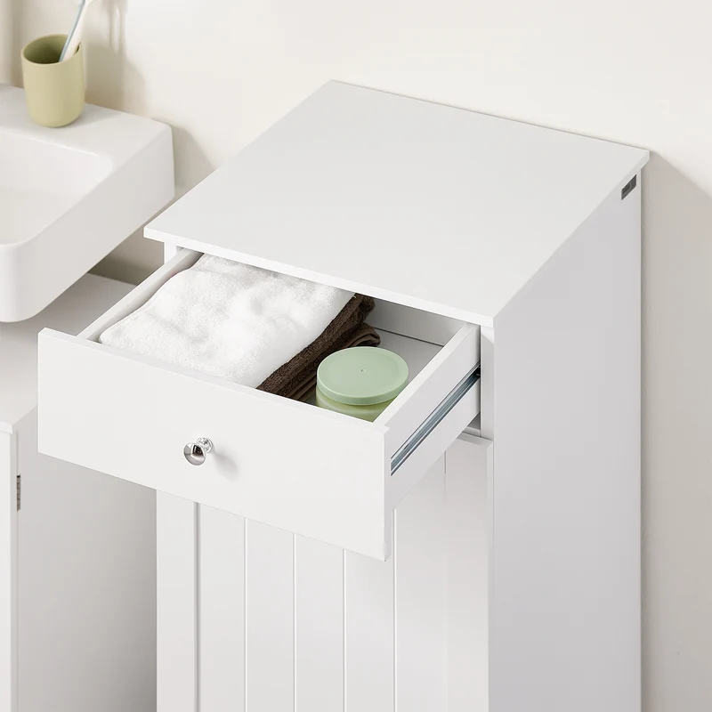 SoBuy BZR21-II-W Meuble Bas Salle de Bain Blanc 90 cm avec Panier à Linge Basculant 2 Compartiments, Tiroir et Étagère – Fermeture Silencieuse, MDF E1