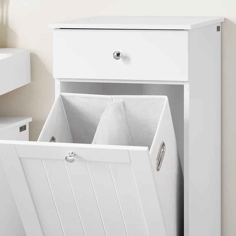 SoBuy BZR21-II-W Meuble Bas Salle de Bain Blanc 90 cm avec Panier à Linge Basculant 2 Compartiments, Tiroir et Étagère – Fermeture Silencieuse, MDF E1