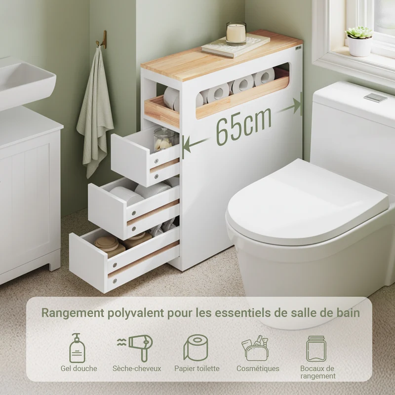 SoBuy BZR54-II-W Meuble Salle de Bain à Roulettes – 3 Tiroirs et Niche – Slim 23 cm – Blanc et Hévéa
