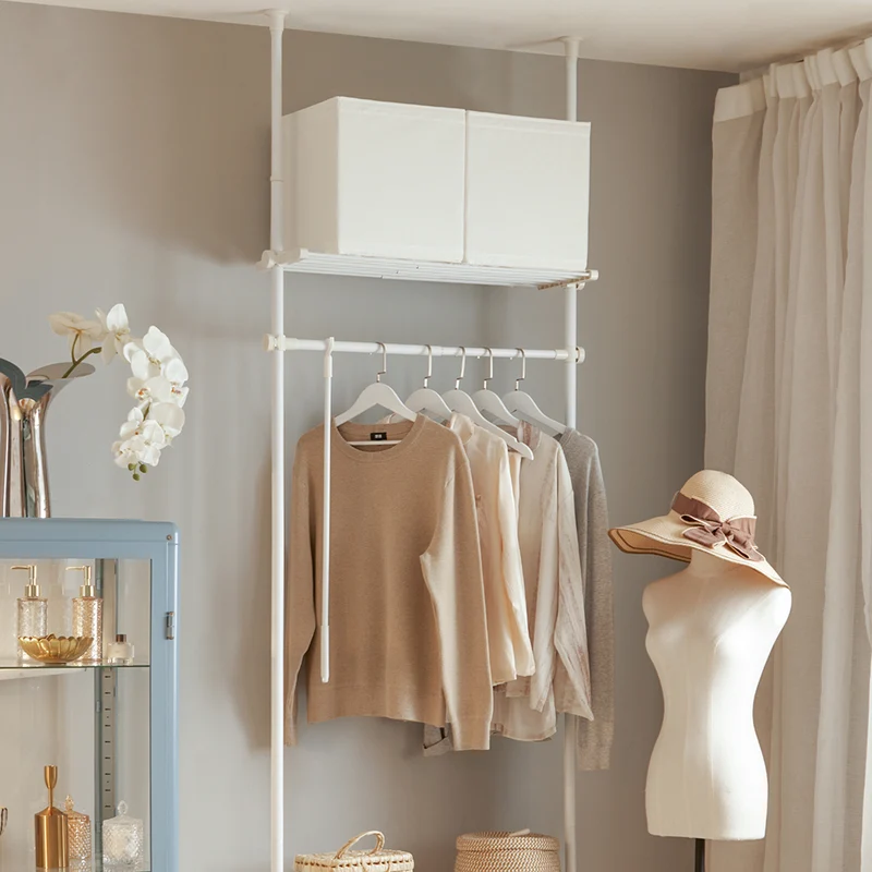 SoBuy KLS07-W Portant à vêtements télescopique solide - Penderie ouverte réglable avec tringles et étagères, Porte manteau pour chambre/dressing, Blanc