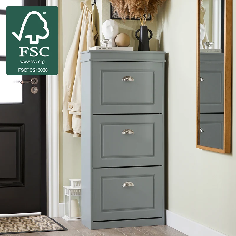 SoBuy FSR94-HG Armoire à Chaussures Slim 24 cm à 3 Abattants – 12 Paires – Dos Ventilé – Bois FSC – Gris