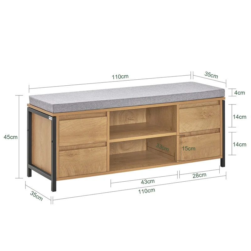 SoBuy FSR149-N Banc à Chaussures avec Coussin Rembourré et Tiroirs, Meuble d'Entrée – 110x35x45 cm, Naturel