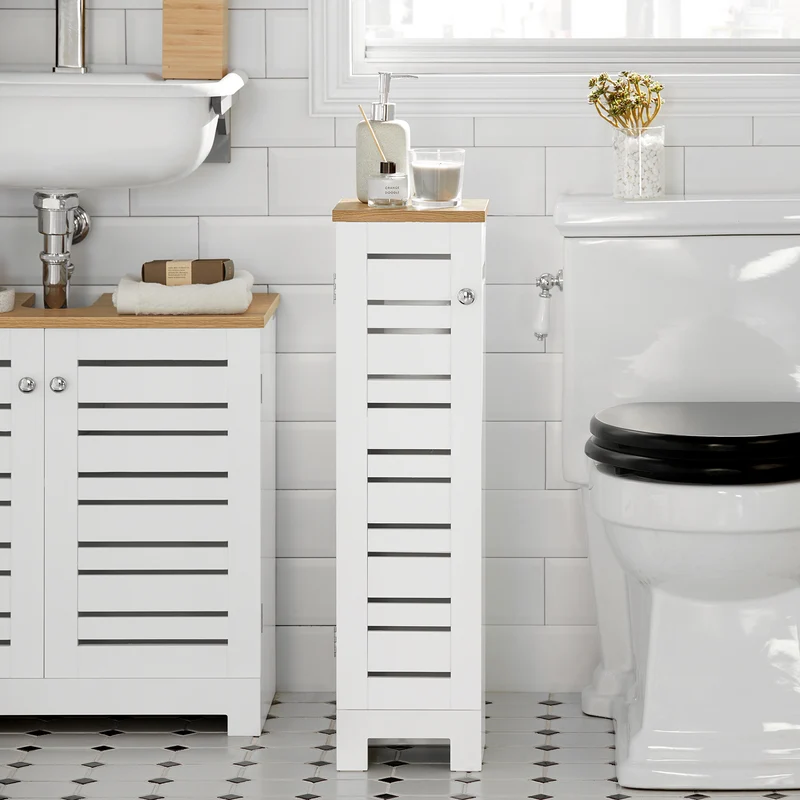 SoBuy BZR85-W Armoire Salle de Bain Rangement Fonctionnel et Compact, Gain de Place, Résistant à l’Humidité, Pratique – L20×P18×H75 cm, Bois, Blanc et Naturel