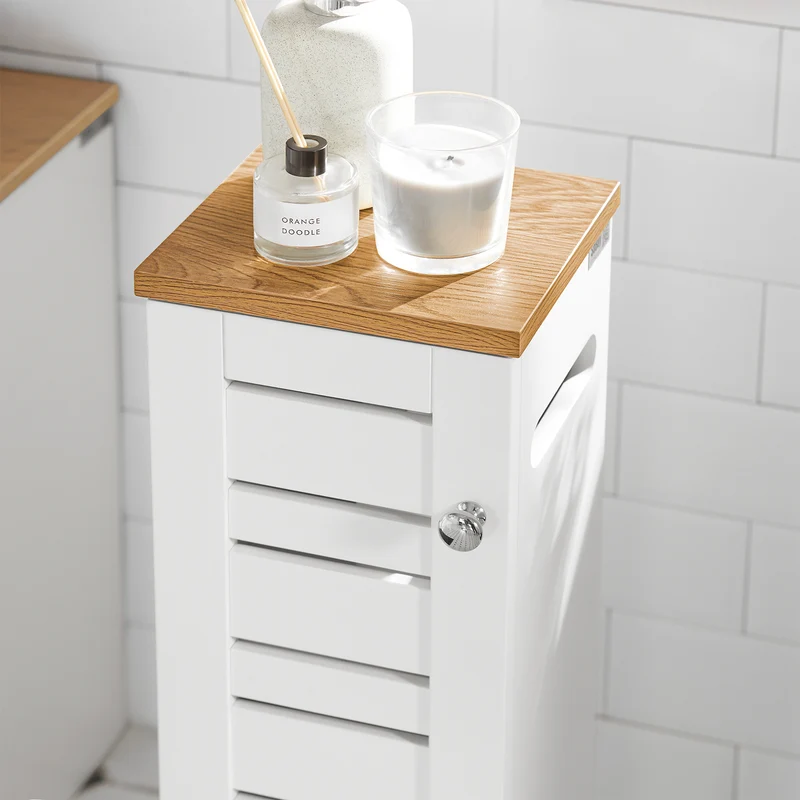 SoBuy BZR85-W Armoire Salle de Bain Rangement Fonctionnel et Compact, Gain de Place, Résistant à l’Humidité, Pratique – L20×P18×H75 cm, Bois, Blanc et Naturel