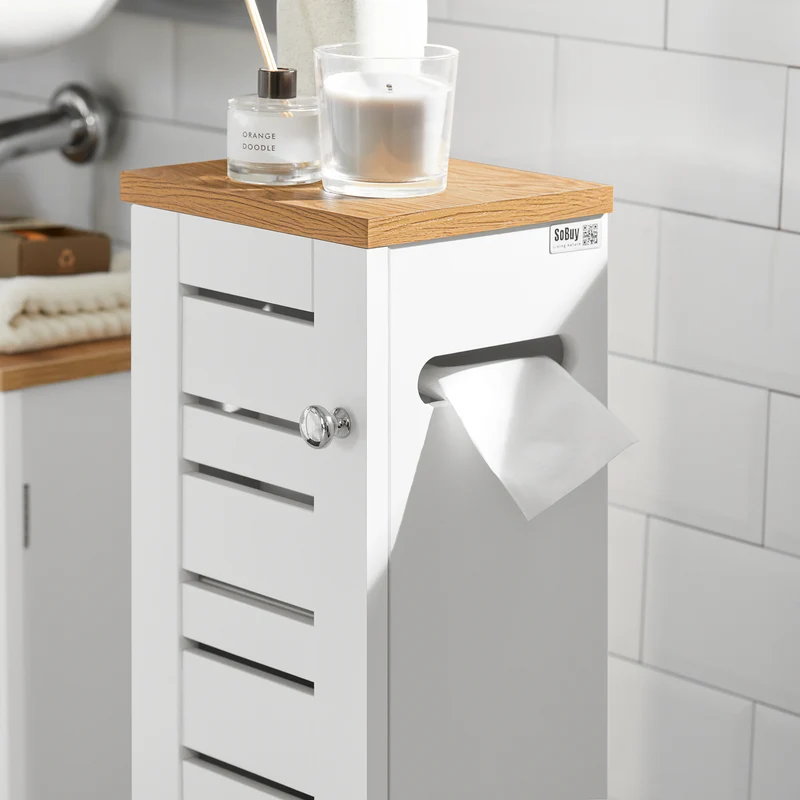 SoBuy BZR85-W Armoire Salle de Bain Rangement Fonctionnel et Compact, Gain de Place, Résistant à l’Humidité, Pratique – L20×P18×H75 cm, Bois, Blanc et Naturel