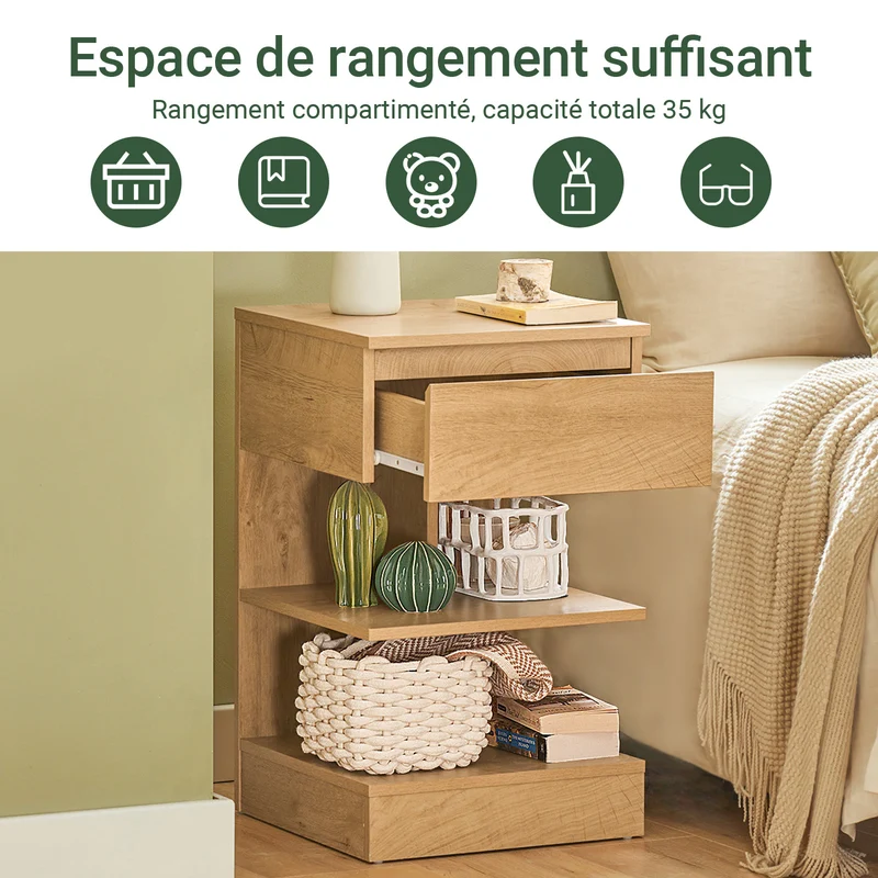 SoBuy FBT49-N Table de Chevet - Table de Nuit avec 1 tiroir et 2 étagères, Table d'appoint pour Chambre à Coucher - Meuble de Rangement Moderne L39 x P39 x H65 cm Naturel