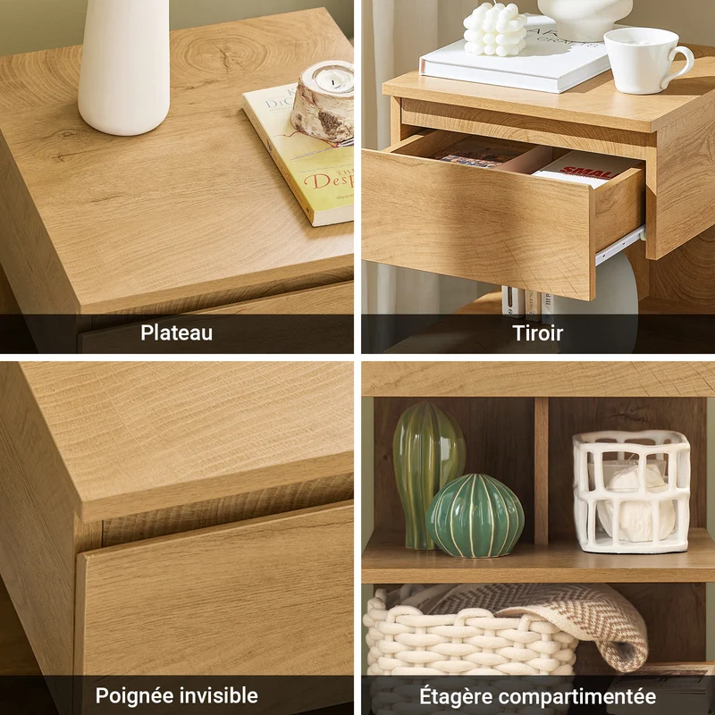 SoBuy FBT49-N Table de Chevet - Table de Nuit avec 1 tiroir et 2 étagères, Table d'appoint pour Chambre à Coucher - Meuble de Rangement Moderne L39 x P39 x H65 cm Naturel