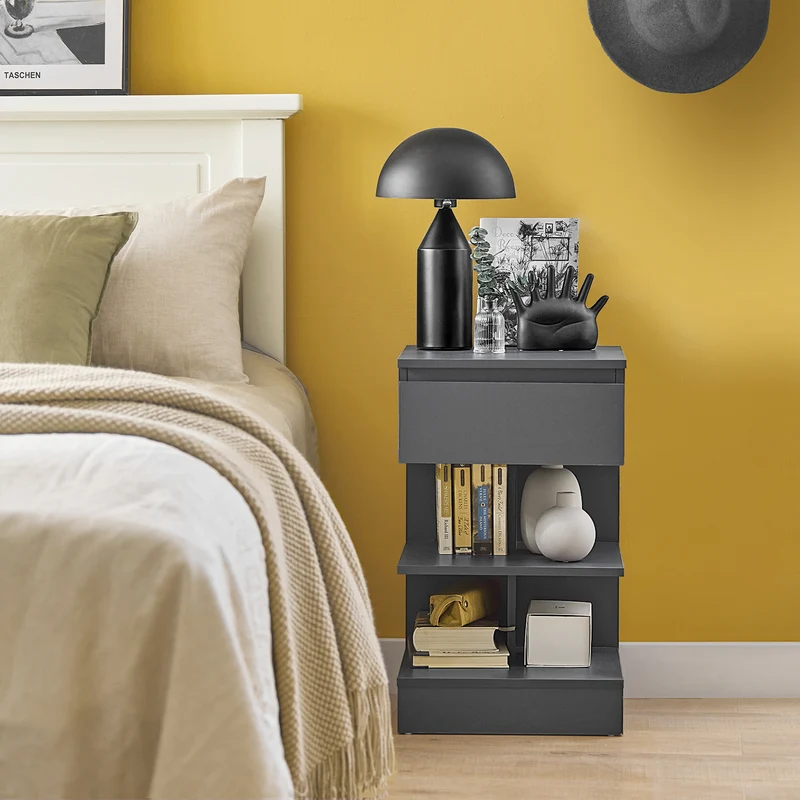 SoBuy FBT49-HG Table de Chevet - Table de Nuit avec 1 tiroir et 2 étagères, Table d'appoint pour Chambre à Coucher - Meuble de Rangement Moderne L39 x P39 x H65 cm Gris
