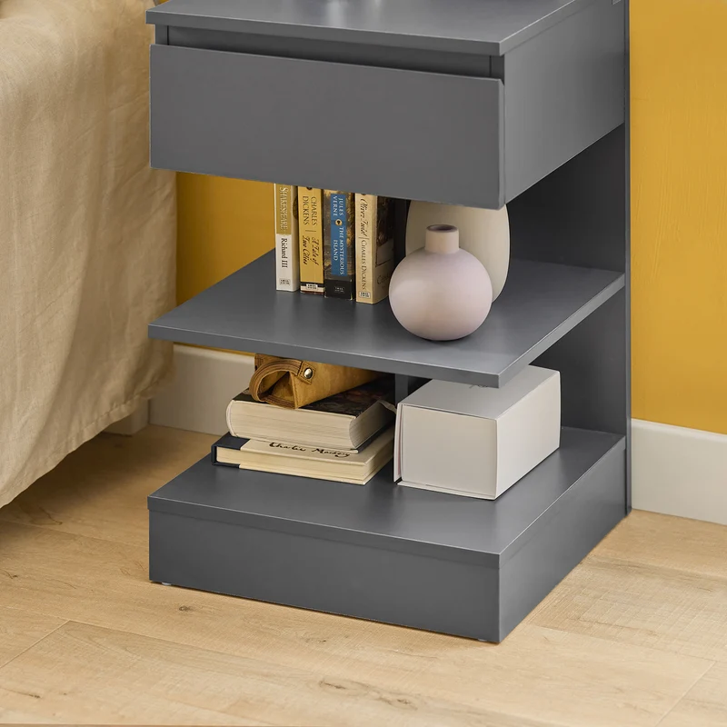 SoBuy FBT49-HG Table de Chevet - Table de Nuit avec 1 tiroir et 2 étagères, Table d'appoint pour Chambre à Coucher - Meuble de Rangement Moderne L39 x P39 x H65 cm Gris