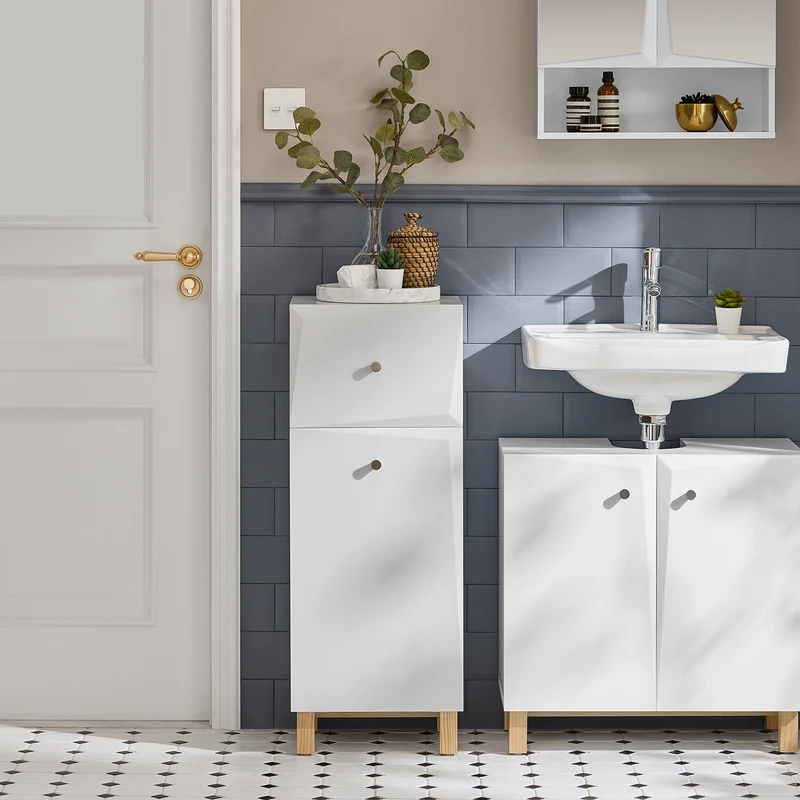 SoBuy BZR93-W Meuble Salle de Bain avec Panier à Linge, 1 Tiroir et 1 Panier Amovible, pour Salle de Bain et WC, Rangement Optimisé – L34×P30×H90 cm, Blanc
