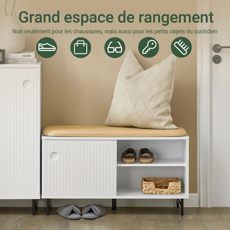 SoBuy FSR116-W Banc à Chaussures avec Coussin Rembourré, 2 Portes Coulissantes et 4 Étagères pour Entrée – 85x37x49 cm, Blanc