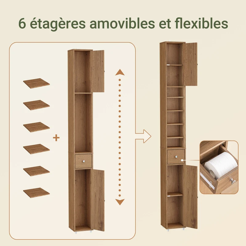 SoBuy BZR34-II-PF Colonne Salle de Bain Ultra-Étroite 20 cm – 4 Étagères Réglables et Tiroir – Effet Bois