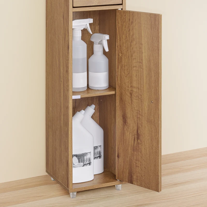 SoBuy BZR34-II-PF Colonne Salle de Bain Ultra-Étroite 20 cm – 4 Étagères Réglables et Tiroir – Effet Bois