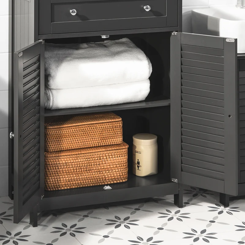 SoBuy FRG238-DG Meuble Bas Salle de Bain avec Étagère Réglable, 1 Tiroir et 2 Portes, pour Salle de Bain et WC, Rangement Optimisé – L60×P35×H87 cm, Gris Foncé