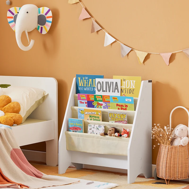sebuyfr.comG225-W Bibliothèque Enfant Rangement Jouet Enfant avec 4 Poches Tissu Étagère Chambre pour Jouet et Livre Bibliothèque Meuble de Rangement Blanc 62x30x71cm