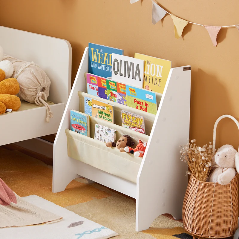 sebuyfr.comG225-W Bibliothèque Enfant Rangement Jouet Enfant avec 4 Poches Tissu Étagère Chambre pour Jouet et Livre Bibliothèque Meuble de Rangement Blanc 62x30x71cm