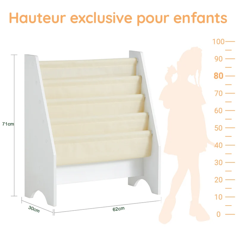 sebuyfr.comG225-W Bibliothèque Enfant Rangement Jouet Enfant avec 4 Poches Tissu Étagère Chambre pour Jouet et Livre Bibliothèque Meuble de Rangement Blanc 62x30x71cm