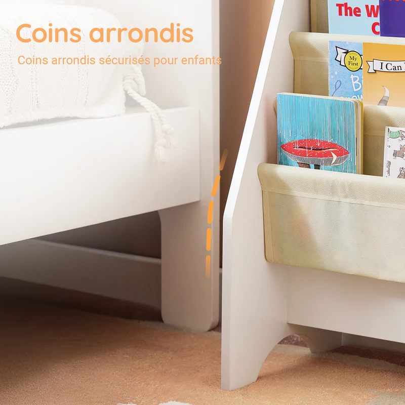 sebuyfr.comG225-W Bibliothèque Enfant Rangement Jouet Enfant avec 4 Poches Tissu Étagère Chambre pour Jouet et Livre Bibliothèque Meuble de Rangement Blanc 62x30x71cm
