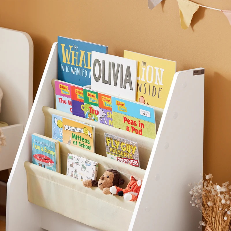 sebuyfr.comG225-W Bibliothèque Enfant Rangement Jouet Enfant avec 4 Poches Tissu Étagère Chambre pour Jouet et Livre Bibliothèque Meuble de Rangement Blanc 62x30x71cm